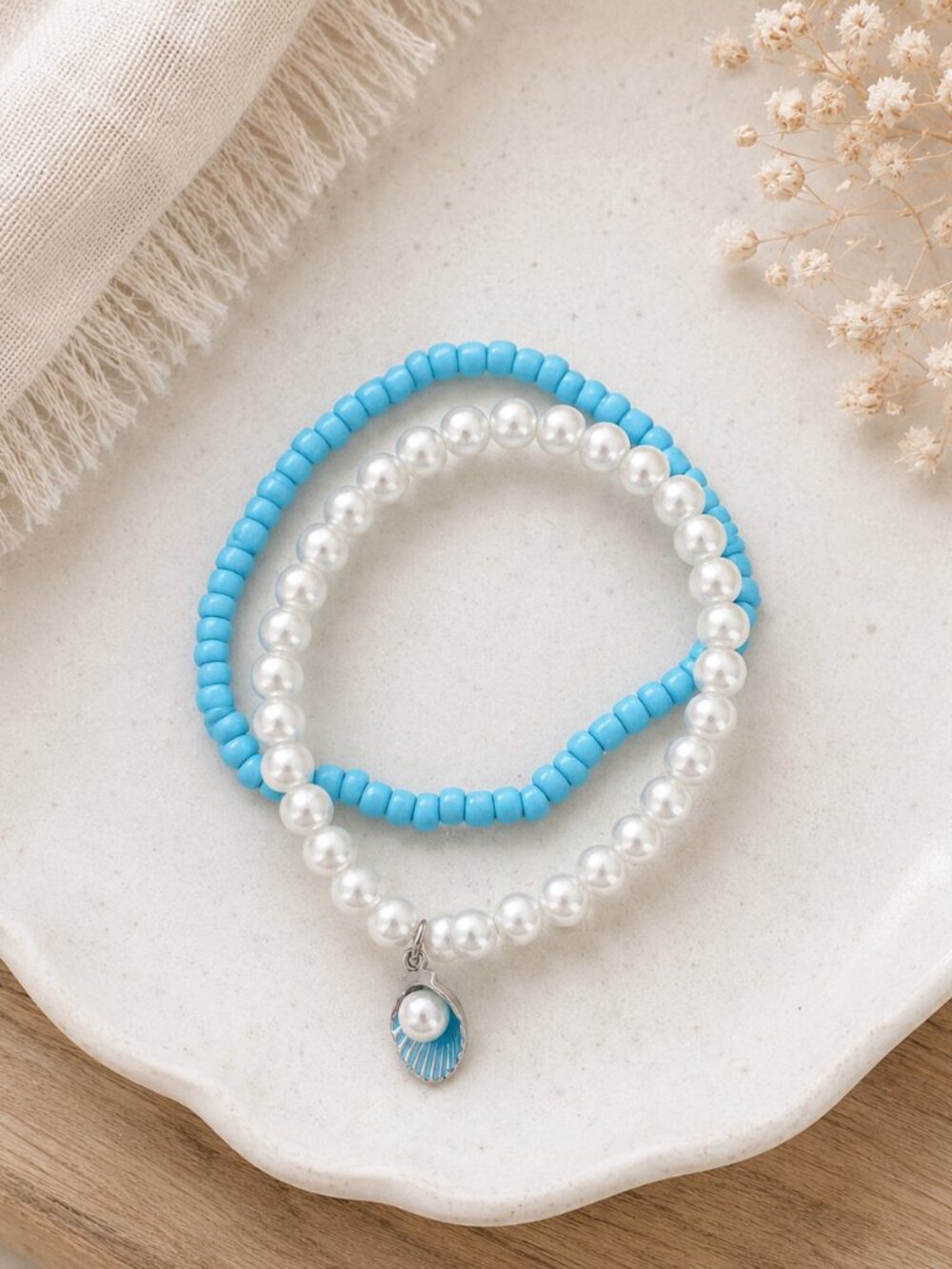 Ocean Air Bracelet Set | Blue Seed Bead & Pearl Shell Charm | Freedom & Breath